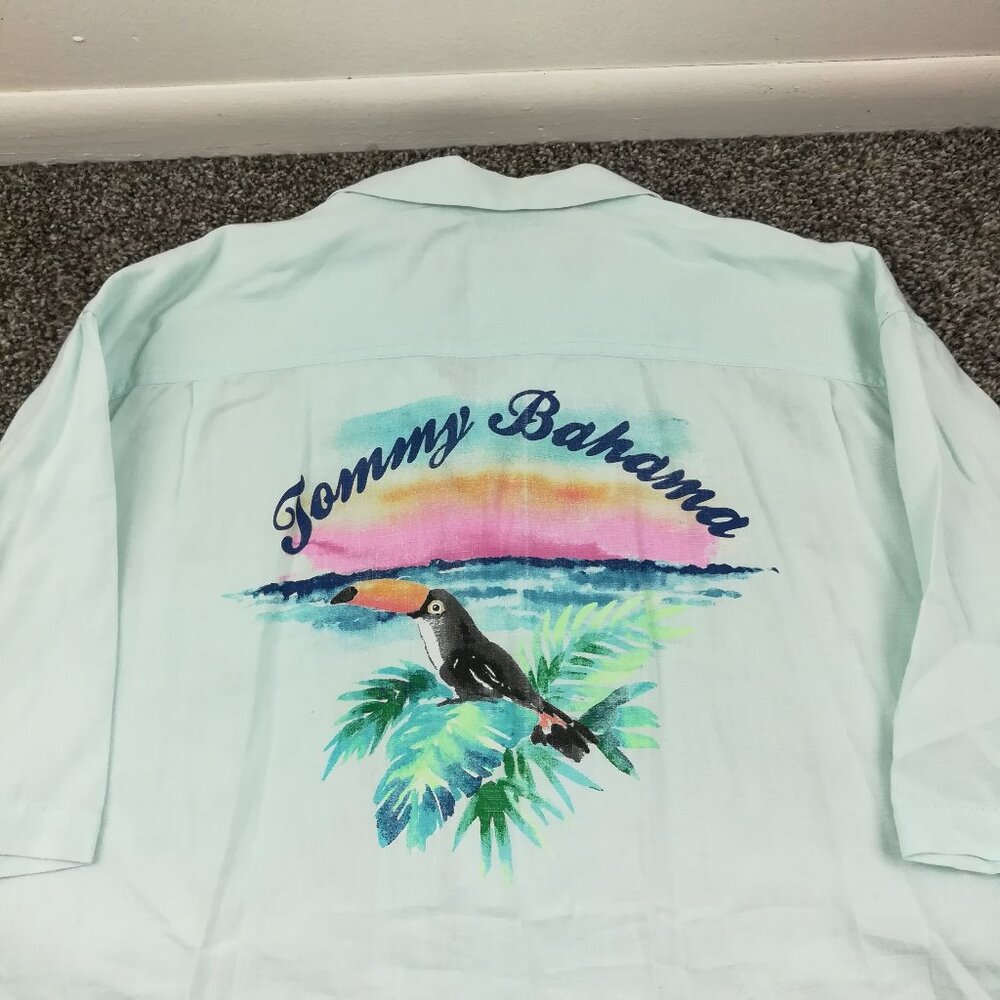 Tommy Bahama Shirt 100% Linen Toucan S/S Button Up Camp Loop Collar Blue 2XLT